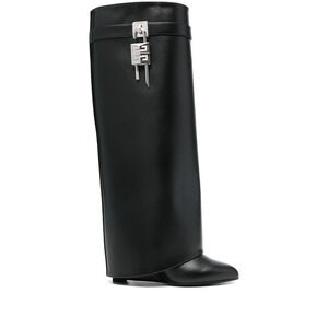 Givenchy Shark Lock Pant Black Calf Leather Knee High Heel Wedge Tall Boots 42
